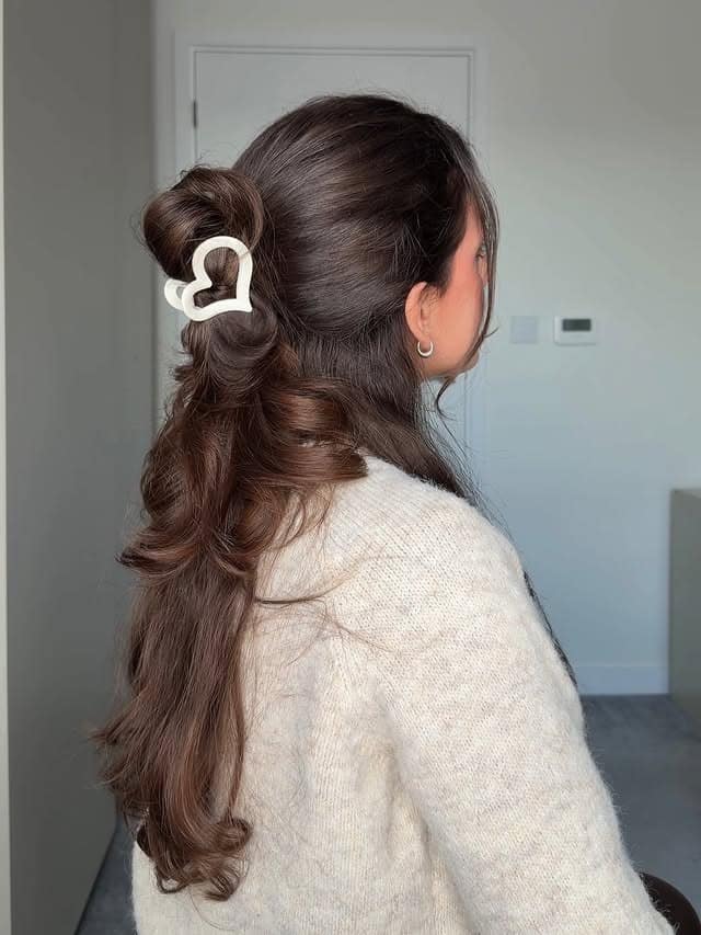 17. Rich Brunette Half-Up Claw Clip Bun - Claw Clip Hairstyles