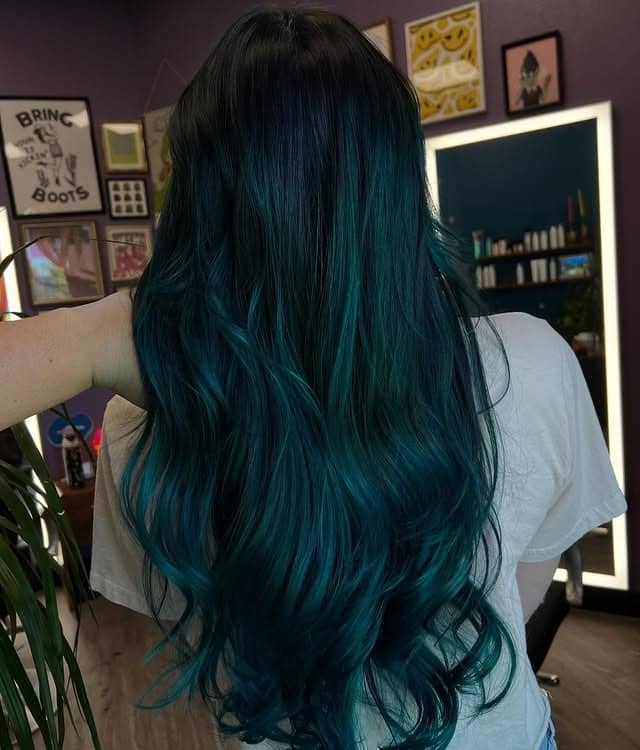 12. Long Layered Hair with Teal Ombre - Teal Hair Color