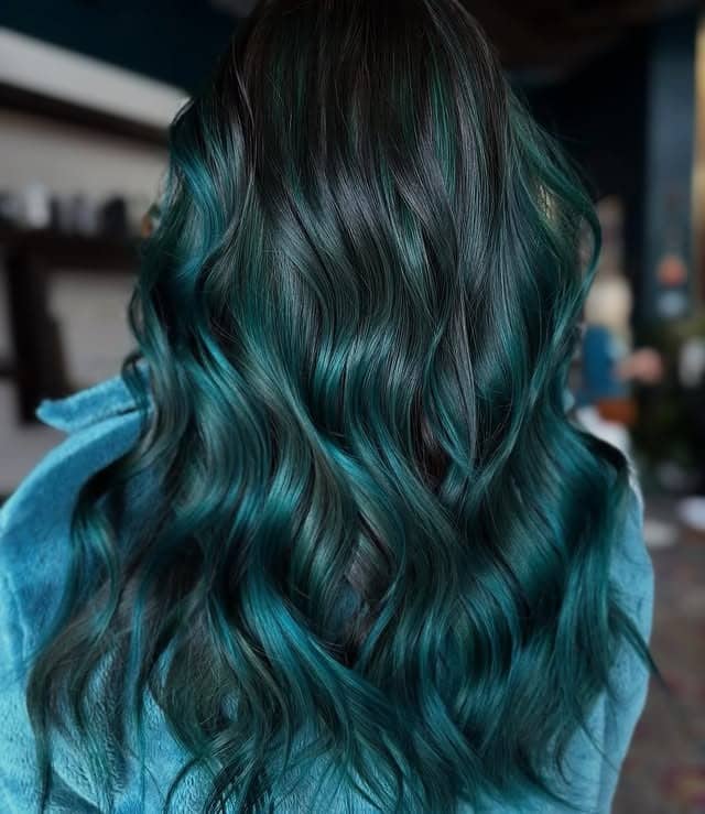 14. Dimensional Teal Balayage on Long Waves - Teal Hair Color