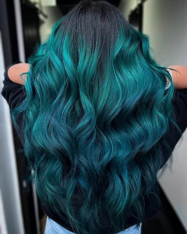 19. Black to Teal Gradient Mermaid Waves - Teal Hair Color
