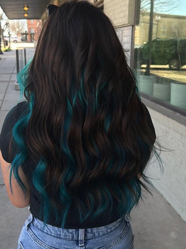 20. Dark Brown Hair with Teal Money Piece Highlights - Teal Hair Color