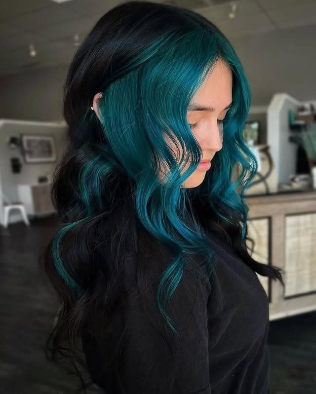 21. Black Hair with Bold Teal Money Piece Waves - Teal Hair Color