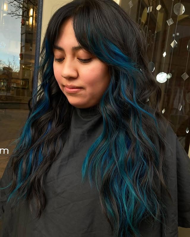22. Long Black Waves with Teal Ribbon Highlights - Teal Hair Color