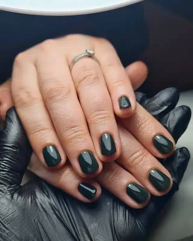 1. Dark Green Short Round Gloss Nails - dark green nail ideas