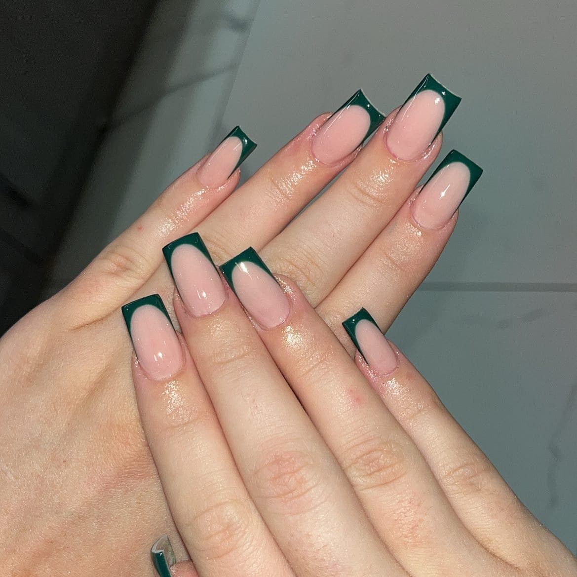 12. Dark Green French Tip Square Nails - dark green nail ideas