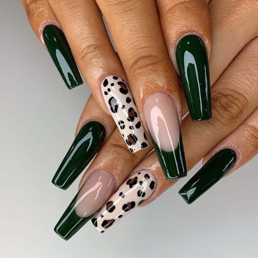 22. Dark Green French Tip and Leopard Coffin Nails - dark green nail ideas