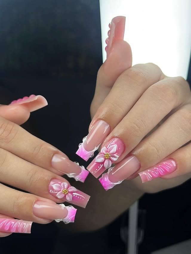 3. Pink Floral Square Nails with 3D Petals - fancy nail ideas