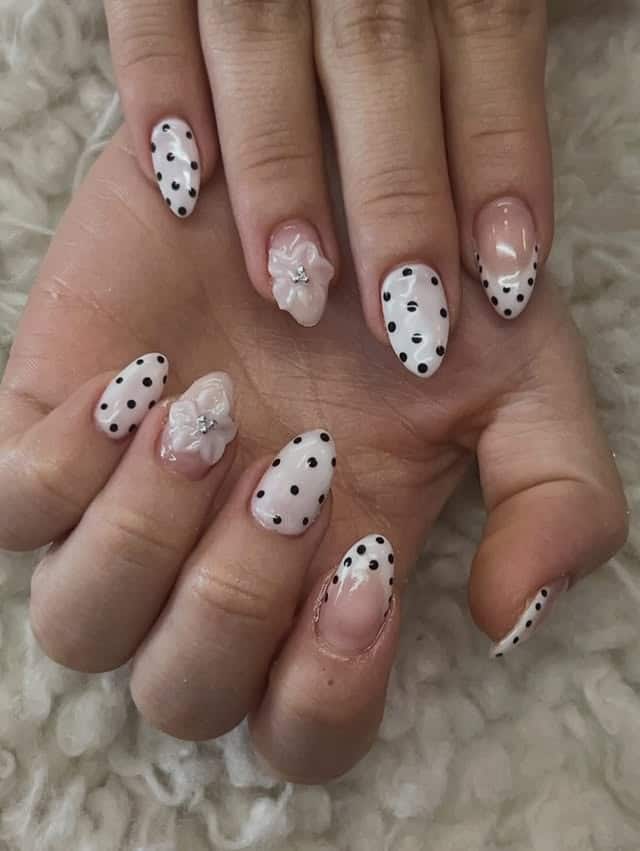 4. White Polka Dot Almond Nails with 3D Flowers - fancy nail ideas