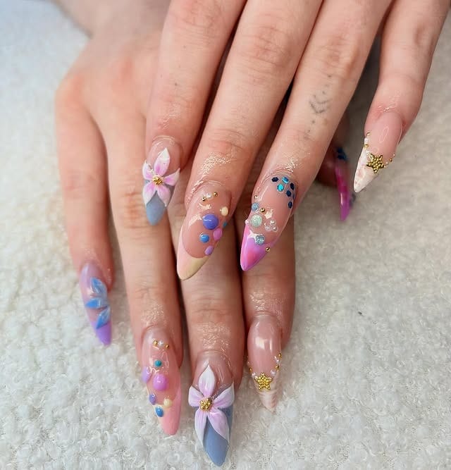 6. Pastel Floral Almond Nails with Gold Studs - fancy nail ideas