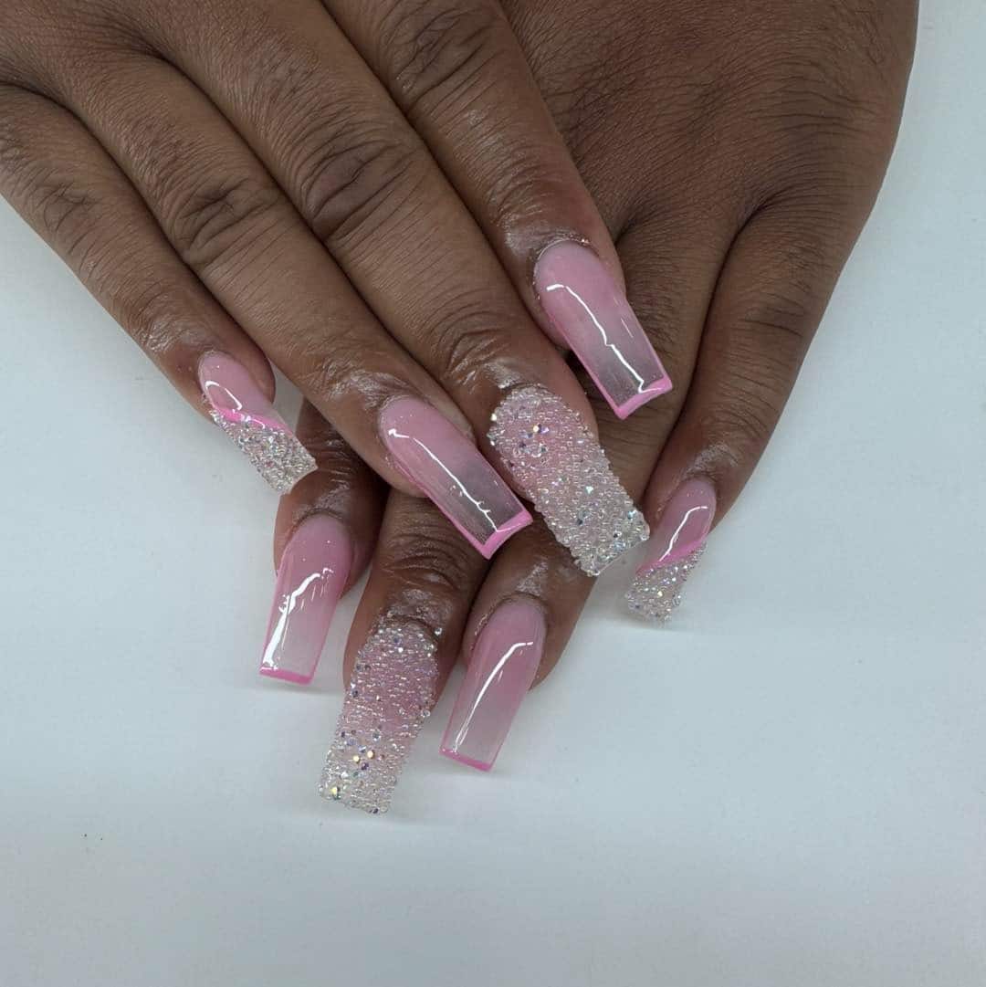 7. Pink Glitter Coffin Nails with Crystal Texture - fancy nail ideas