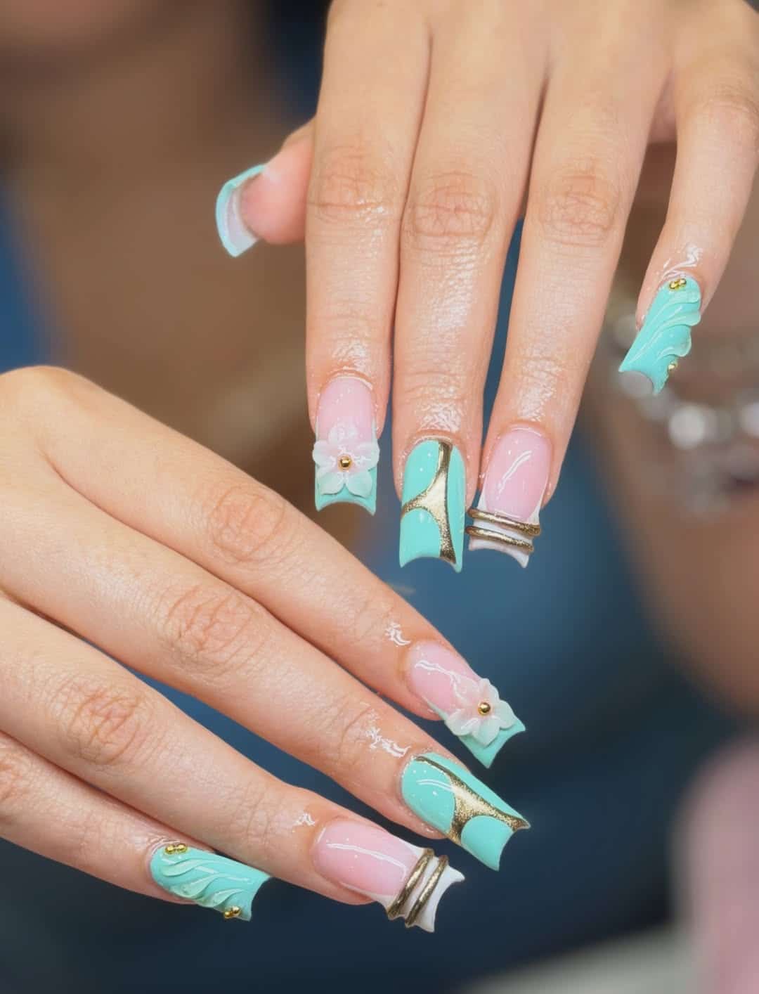 8. Mint Green Square Nails with Gold Swirl Details - fancy nail ideas