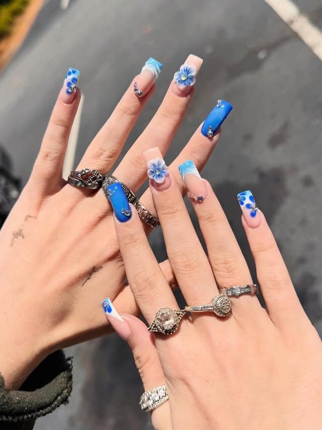 13. Royal Blue Floral Square Nails with 3D Blossoms - fancy nail ideas