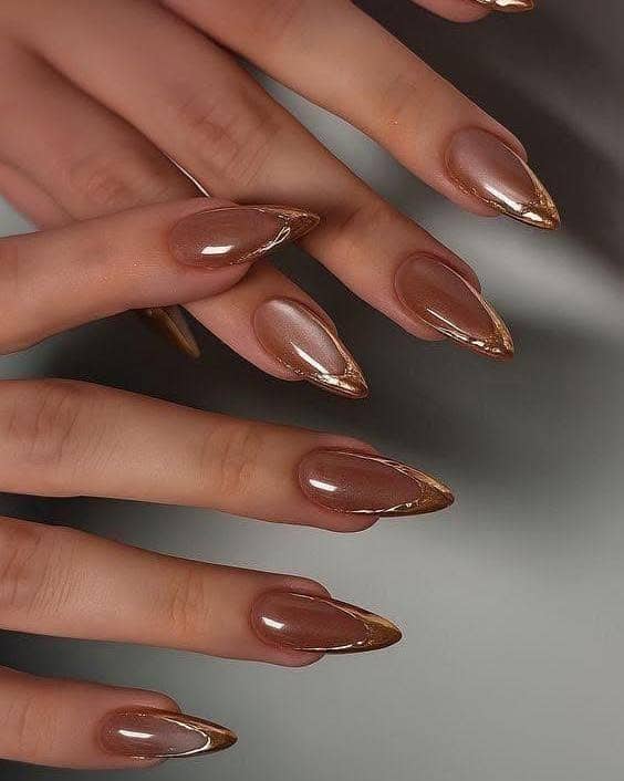 16. Chocolate Brown Almond Nails with Gold Chrome Tips - fancy nail ideas