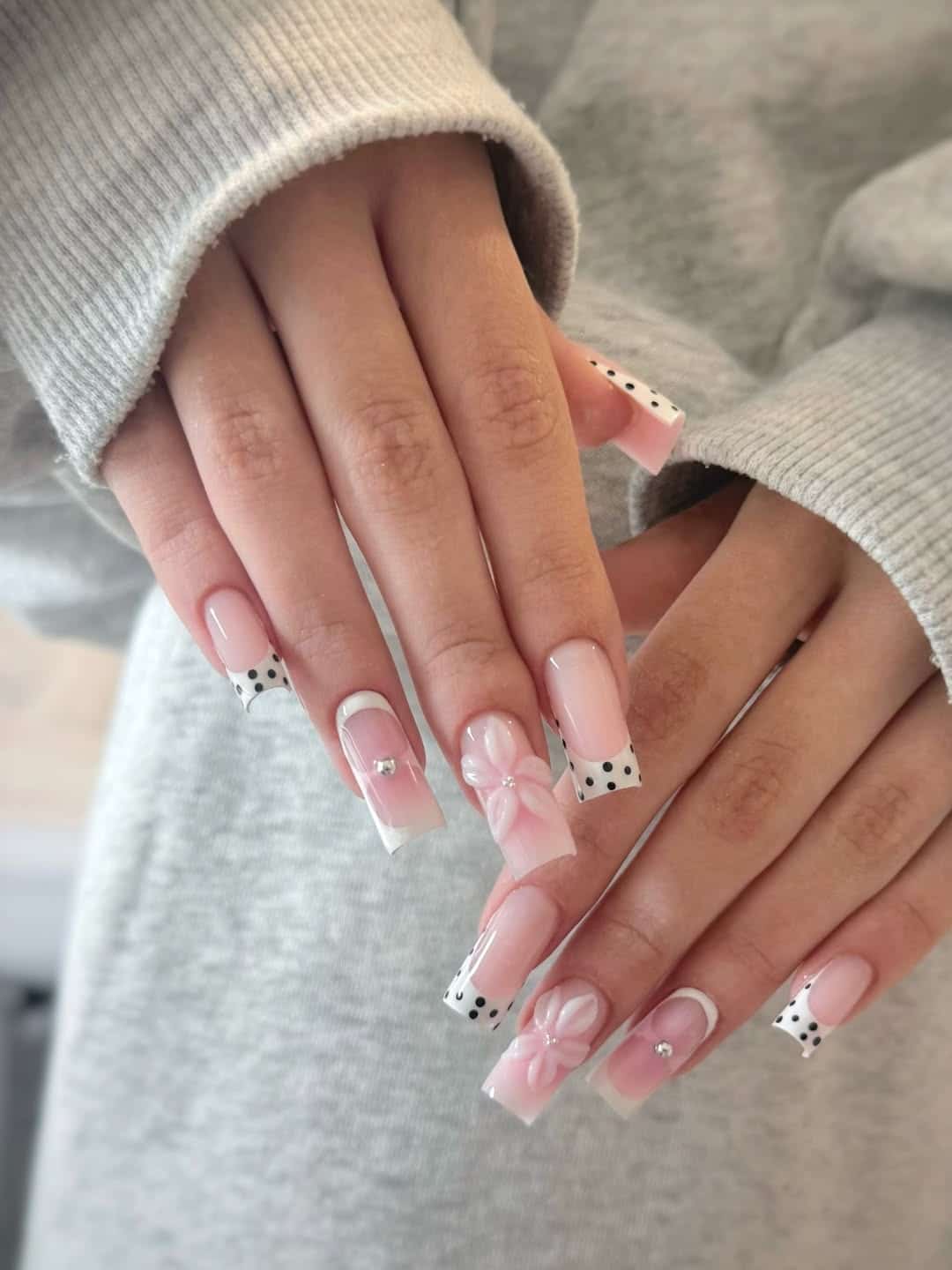 17. Pink French Tip Square Nails with Polka Dot Accents - fancy nail ideas