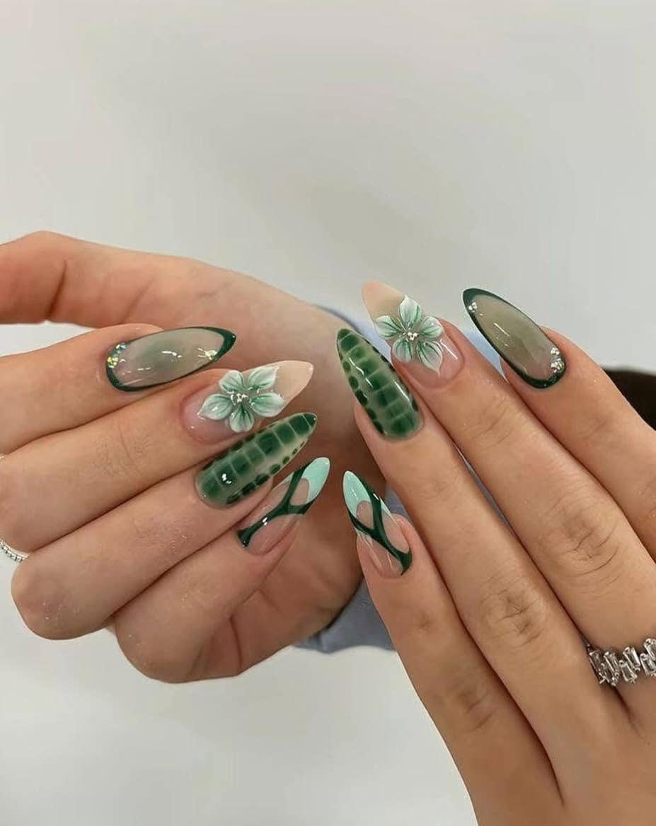 18. Forest Green Almond Nails with Mint Floral Art - fancy nail ideas