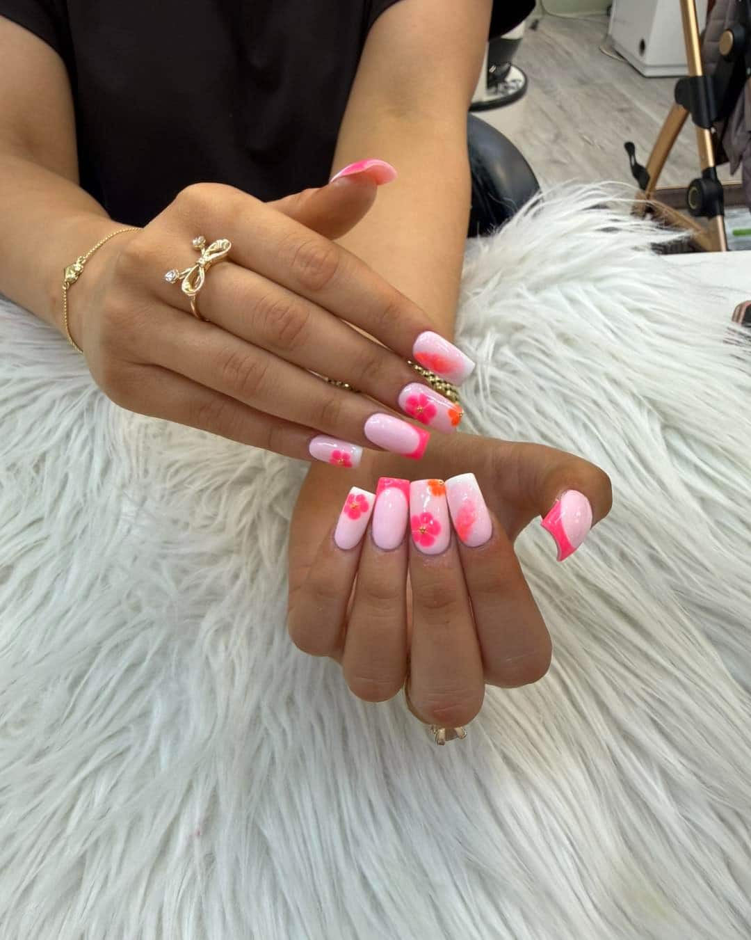 19. Neon Pink French Tip Square Nails with Floral Details - fancy nail ideas