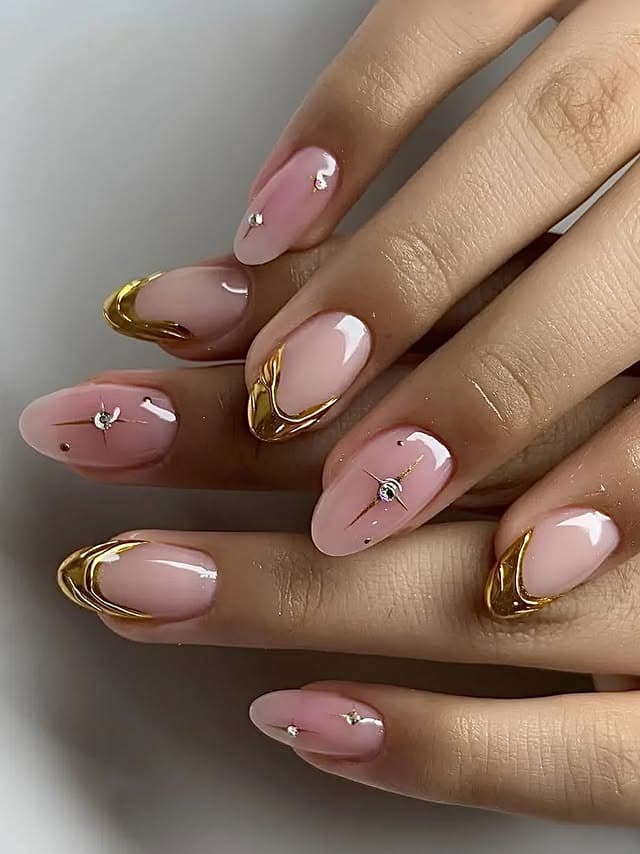 20. Blush Pink Almond Nails with Gold Chrome French Tips - fancy nail ideas