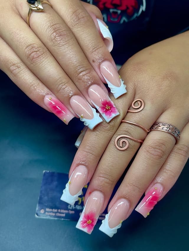 21. White French Tip Square Nails with Pink Hibiscus Flowers - fancy nail ideas