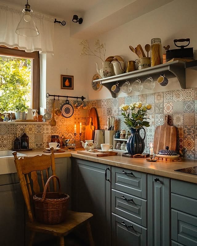 3. Gray and Beige Vintage Tile Kitchen Idea - retro kitchen ideas