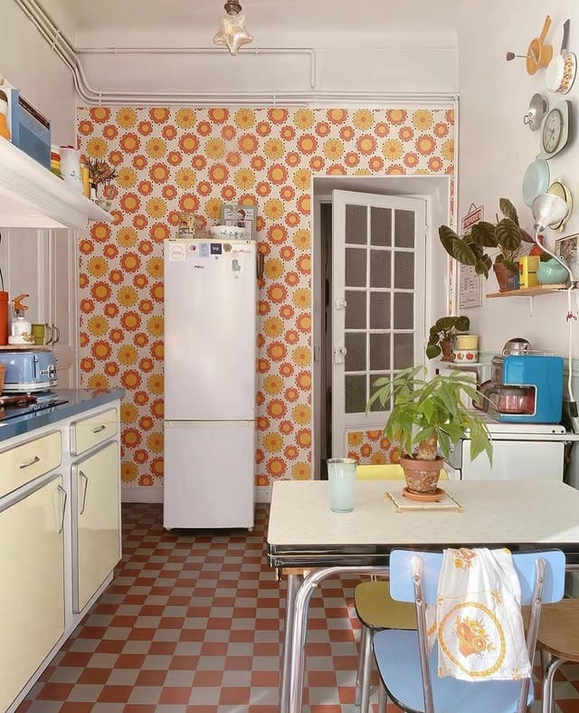 4. Orange and Cream Floral Retro Kitchen Idea - retro kitchen ideas