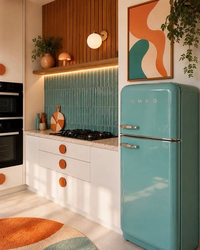 6. Teal and Terracotta Modern Retro Kitchen Idea - retro kitchen ideas