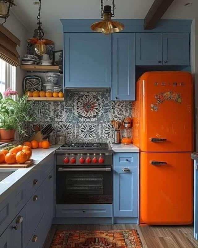 9. Sky Blue and Orange Retro Kitchen Idea - retro kitchen ideas