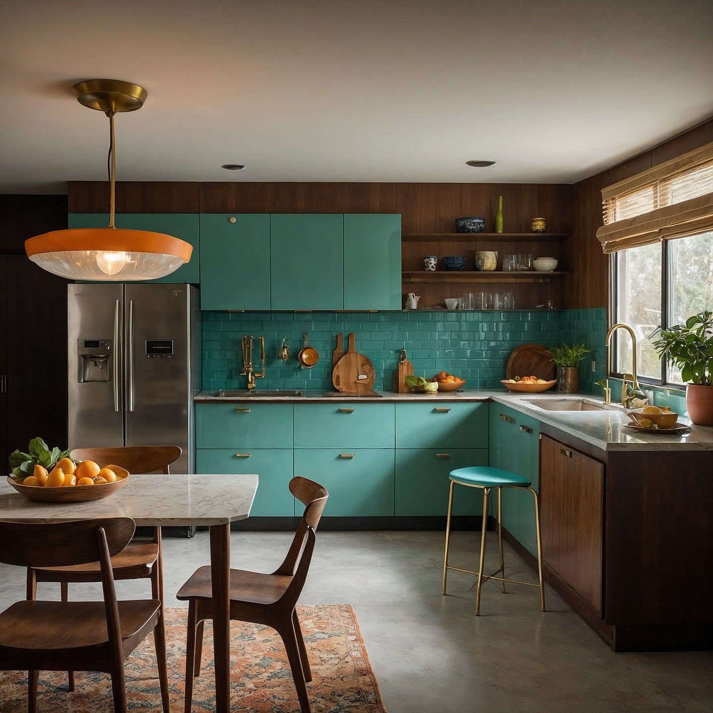22. Teal Blue and Walnut Retro Kitchen Idea - retro kitchen ideas