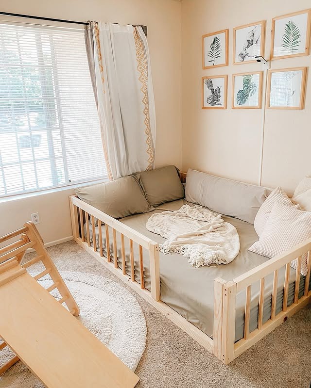 2. Neutral Beige Toddler Bedroom Ideas with Montessori Floor Bed - toddler bedroom ideas