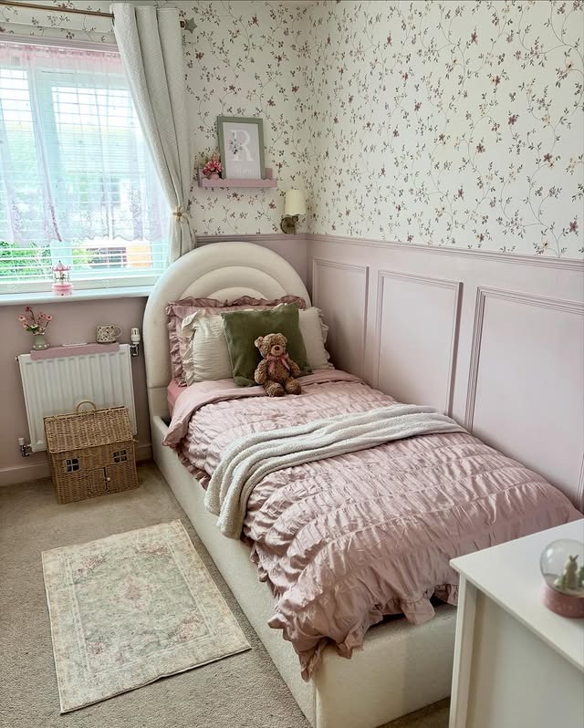 4. Vintage Pink Toddler Bedroom Ideas with Floral Wallpaper - toddler bedroom ideas
