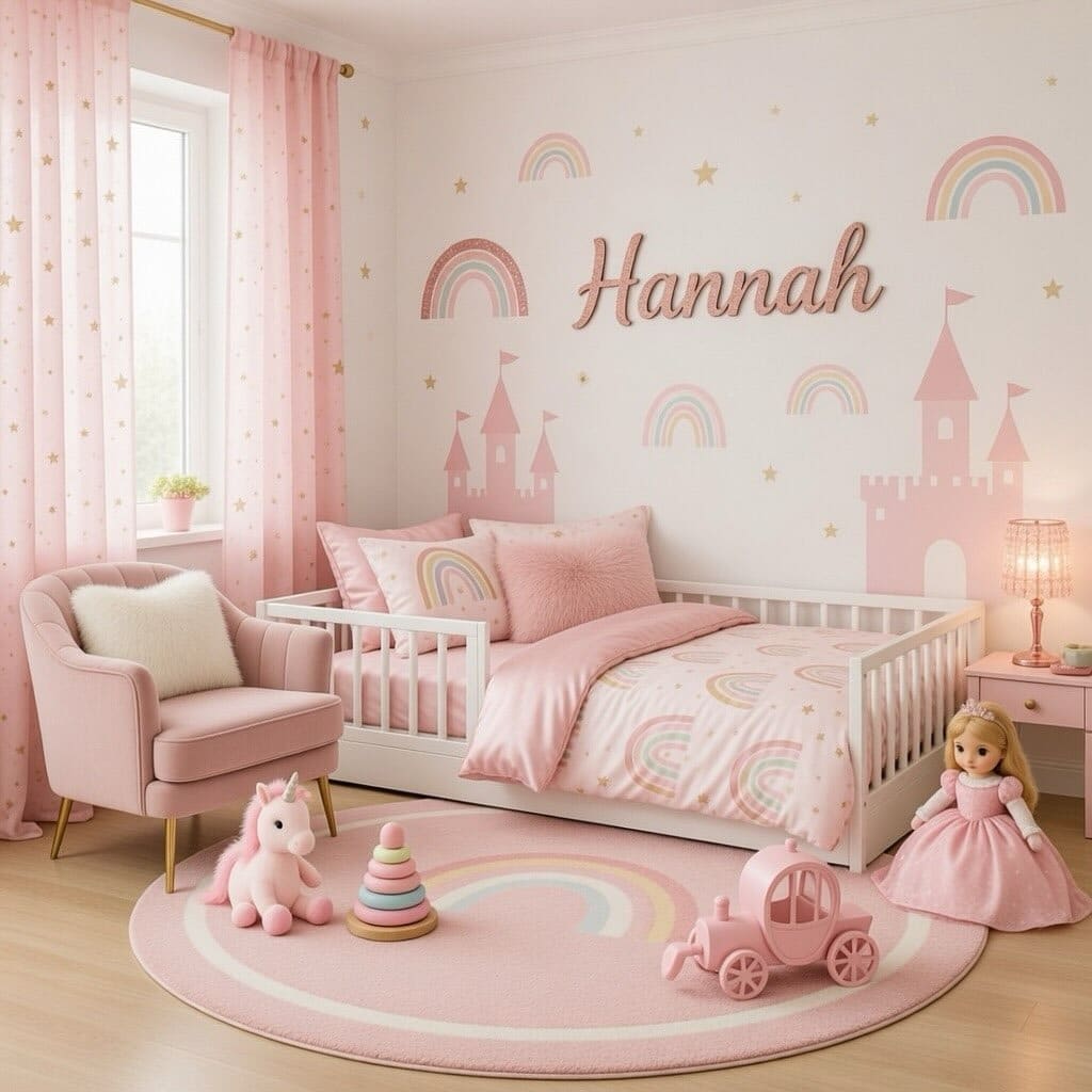 9. Pastel Pink Toddler Bedroom Ideas with Rainbow Decor - toddler bedroom ideas