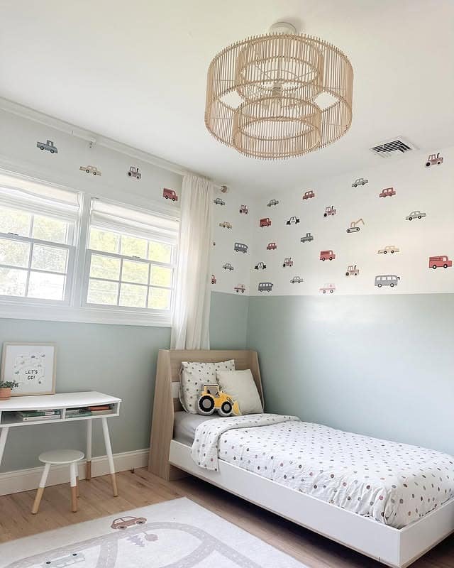 16. Soft Blue Toddler Bedroom Ideas with Vehicle Wallpaper - toddler bedroom ideas