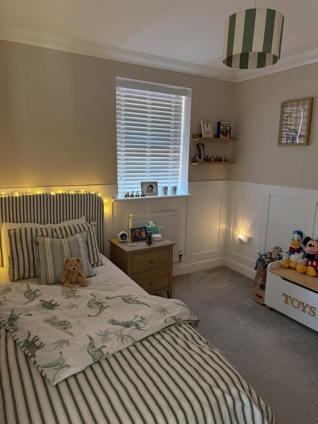 17. Neutral Green Toddler Bedroom Ideas with Striped Bedding - toddler bedroom ideas