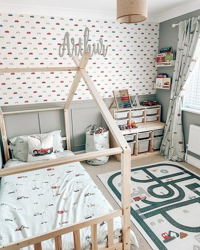 20. Gray and Blue Toddler Bedroom Ideas with House Bed - toddler bedroom ideas
