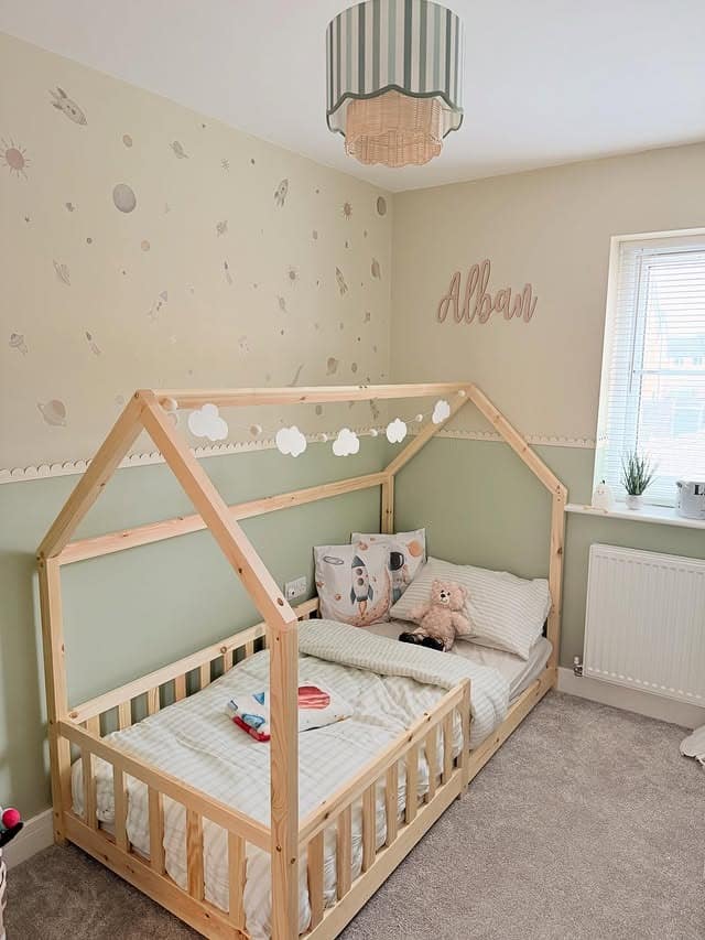 21. Sage Green Toddler Bedroom Ideas with Natural Wood House Bed - toddler bedroom ideas