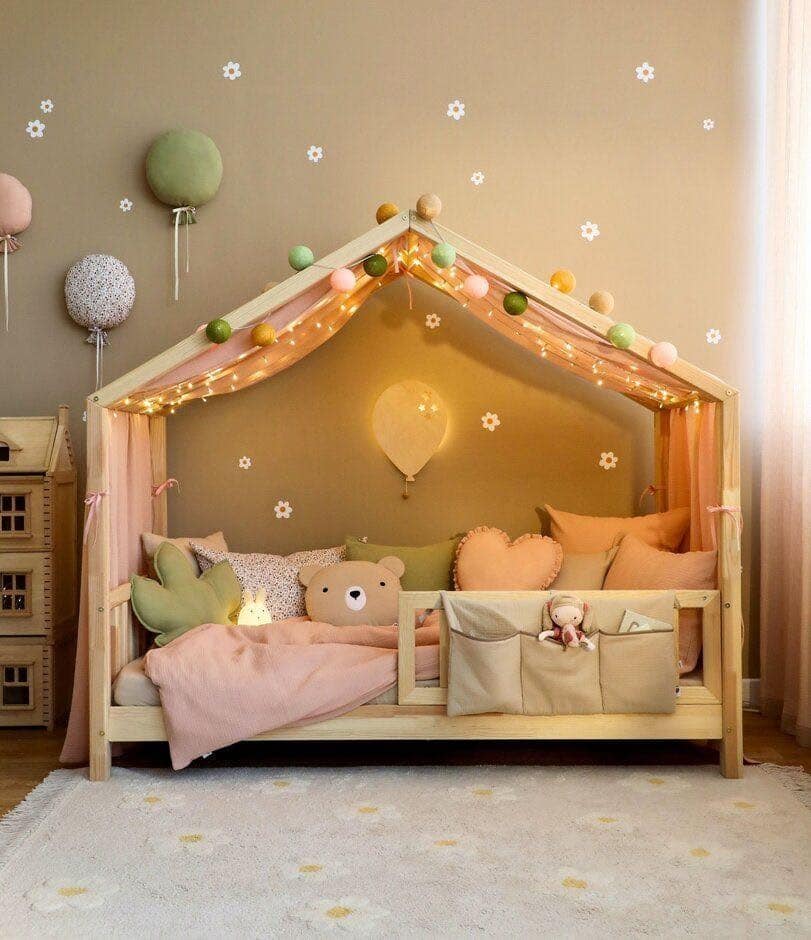 22. Peach and Sage Toddler Bedroom Ideas with Cozy House Bed - toddler bedroom ideas