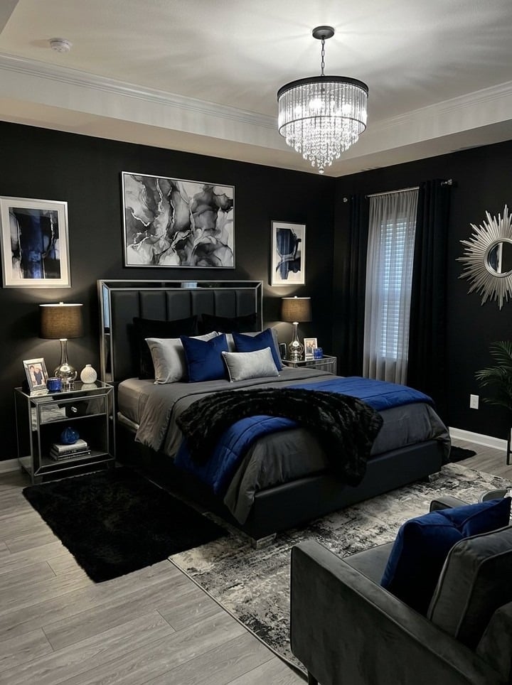 2. Elegant Black Bedroom with Blue and Silver Decor - black bedroom ideas