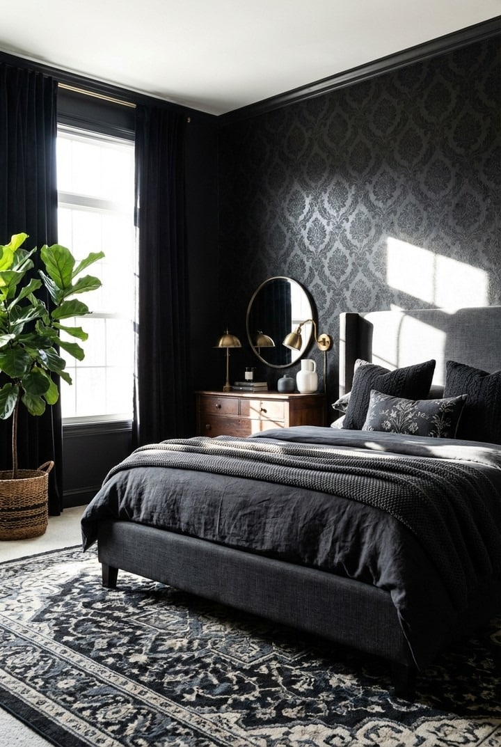 4. Black Wallpaper Bedroom with Classic Gray Furnishings - black bedroom ideas