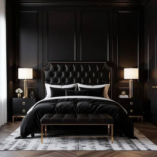 6. Timeless Black Bedroom with Paneled Walls - black bedroom ideas