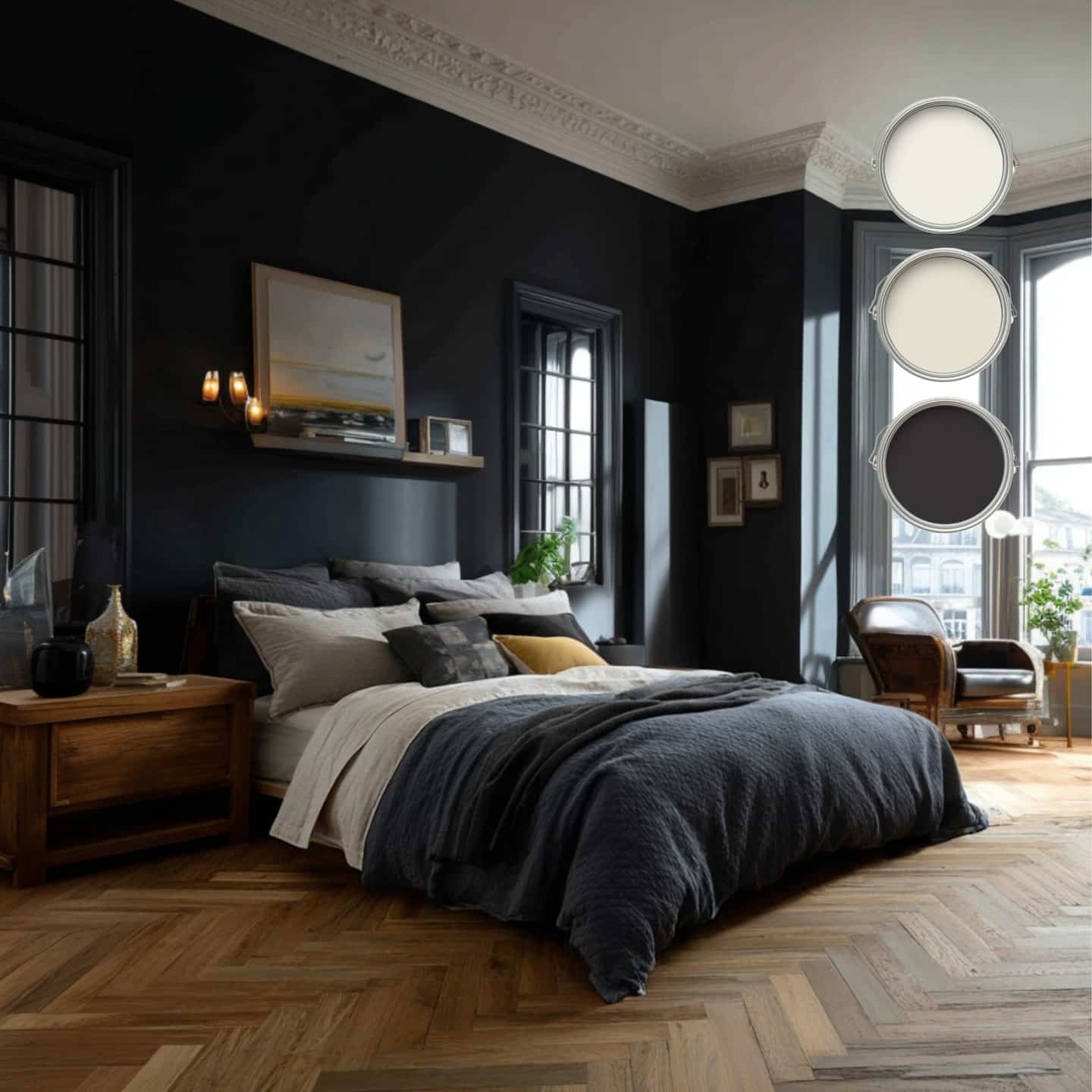 7. Black Bedroom with Warm Wood and Soft Neutral Layers - black bedroom ideas