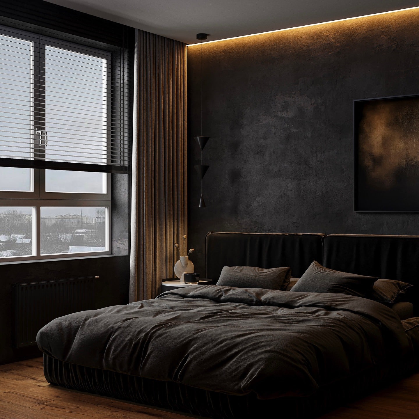 8. Moody Black Bedroom with Textured Accent Wall - black bedroom ideas