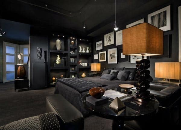 9. Contemporary Black Bedroom with Gallery Wall - black bedroom ideas