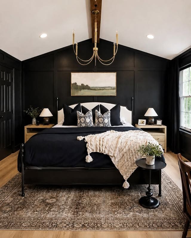 10. Farmhouse Black Bedroom with Natural Wood Touches - black bedroom ideas