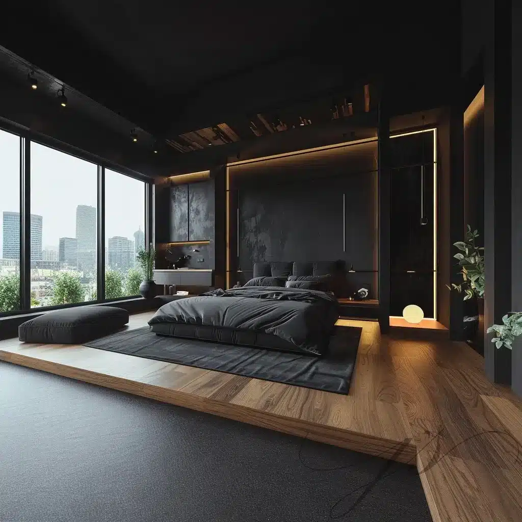 11. Black Modern Platform Bedroom with Warm Wood Accents - black bedroom ideas