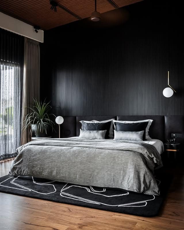 12. Black Slatted Wall Bedroom with Gray Bedding - black bedroom ideas