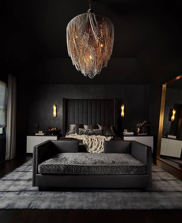 13. Black Luxury Bedroom with Statement Chandelier - black bedroom ideas
