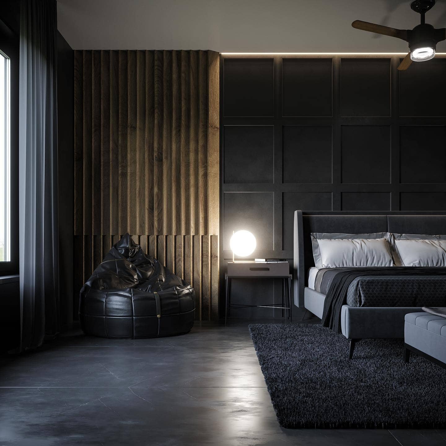 14. Black and Walnut Bedroom with Textured Accent Wall - black bedroom ideas