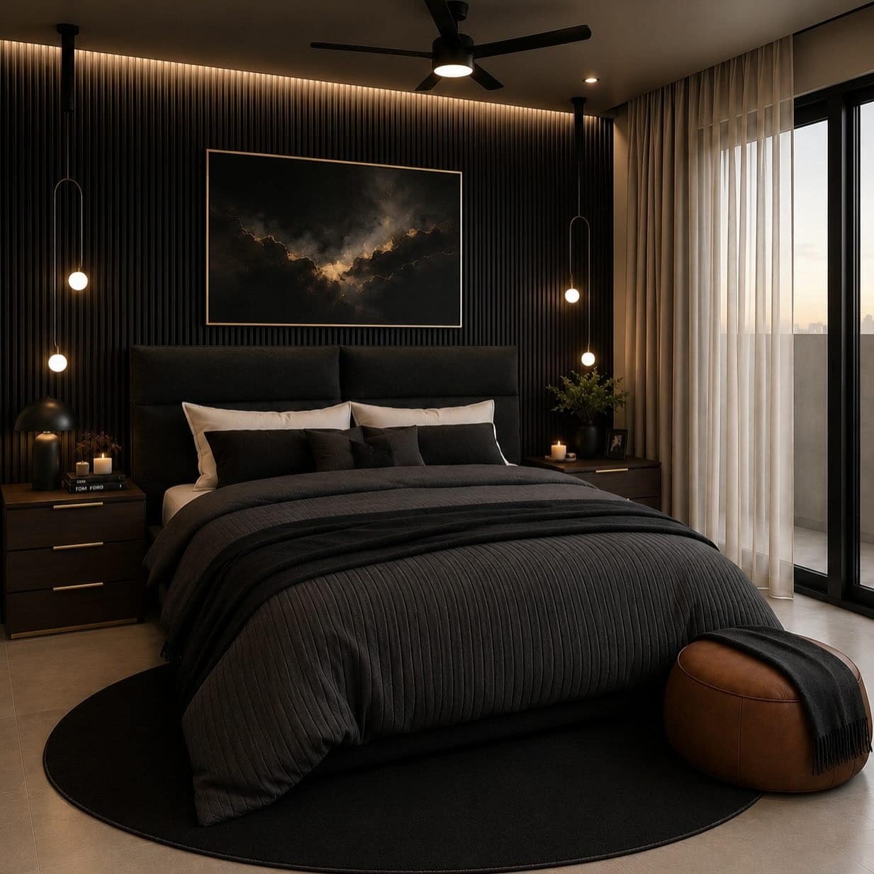 16. Black Contemporary Bedroom with Pendant Lighting - black bedroom ideas