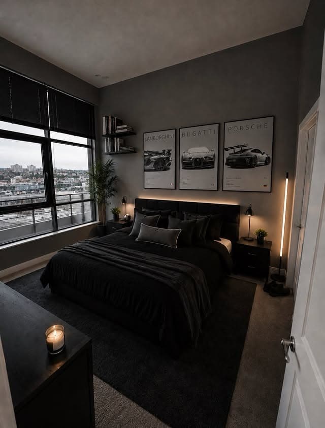 17. Black Bedroom with Charcoal Walls and Modern Art - black bedroom ideas