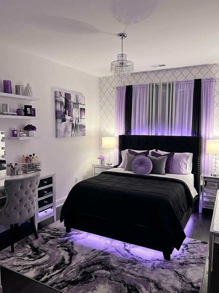 18. Black Bedroom with Purple Accent Decor - black bedroom ideas