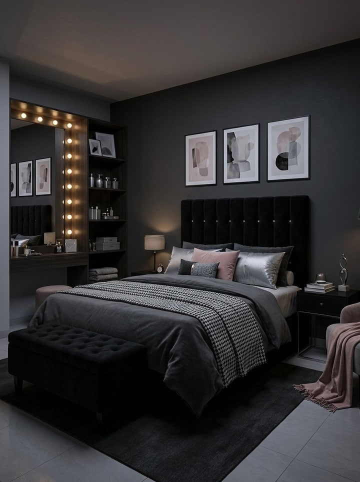 19. Black Glam Bedroom with Gray and Blush Details - black bedroom ideas